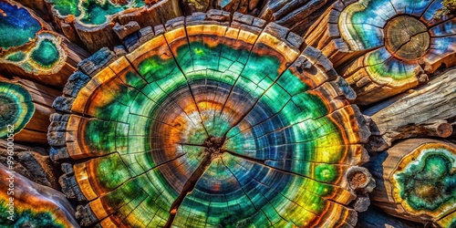 Vibrant, ancient tree limbs transformed into kaleidoscopic petrified wood, showcasing nature's artistry in swirling patterns of emerald green, sapphire blue, and amber hues. photo