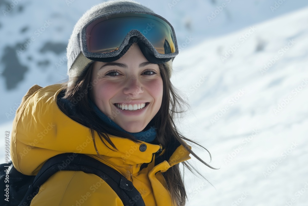 A woman wearing a yellow jacket and goggles is smiling. A woman wearing a yellow jacket and goggles is smiling.