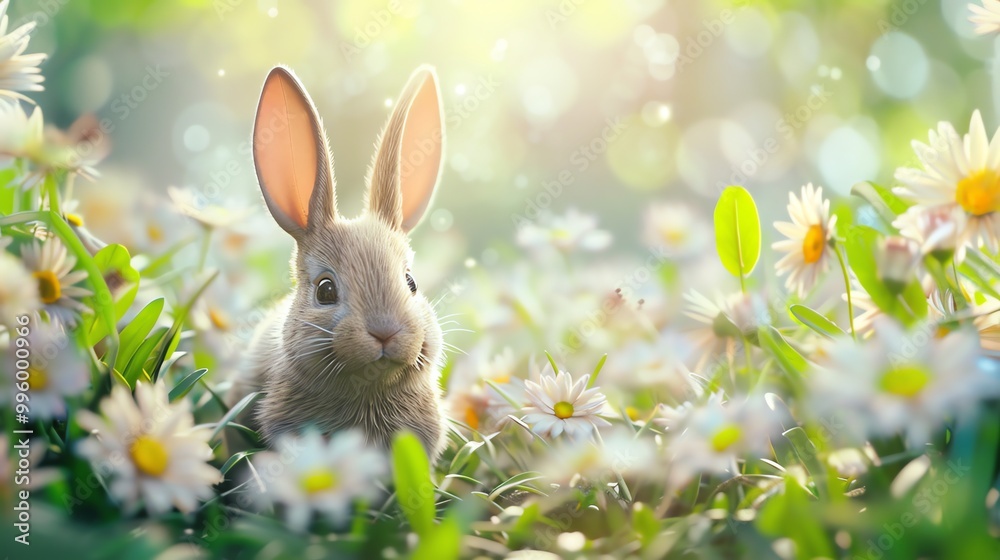 A fluffy bunny rabbit sits in a field of daisies, looking at the camera. A fluffy bunny rabbit sits in a field of daisies, looking at the camera.