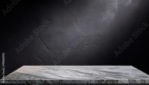 3D product table against a dark wall in an unoccupied studio. Podium for the demonstration. Dark surface of concrete. Luxury marble countertop mockup. photo