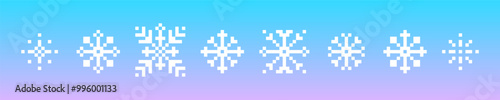 Set of y2k pixel art snowflakes icons. Winter decorative game elements. Christmas pattern. Mood of 90's aesthetics. 8-bit retro style editable pixel vector illustration. Xmas. Simple geometric shape