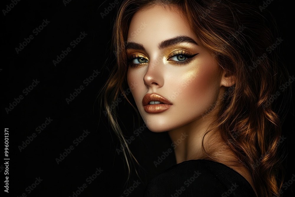 Fototapeta premium Fashion portrait of beautiful woman with golden make-up on dark background with generative ai