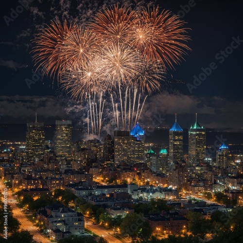 A high-quality image of the Montreal skyline with fireworks lighting up the night sky. photo