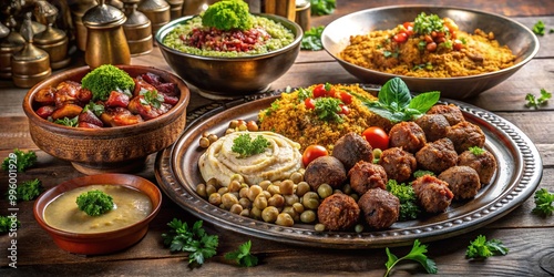 Vibrant arrangement of traditional Egyptian dishes, including koshari, falafel, shawarma, and savory pastries, garnished with fresh parsley and served on a ornate bronze platter. photo