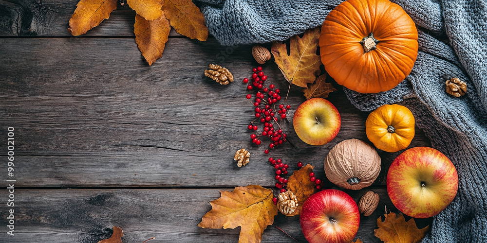 Harvest or Thanksgiving background with pumpkins, blanket, dried fall leaves, apples, red berries, walnuts on wooden table. Flat lay composition