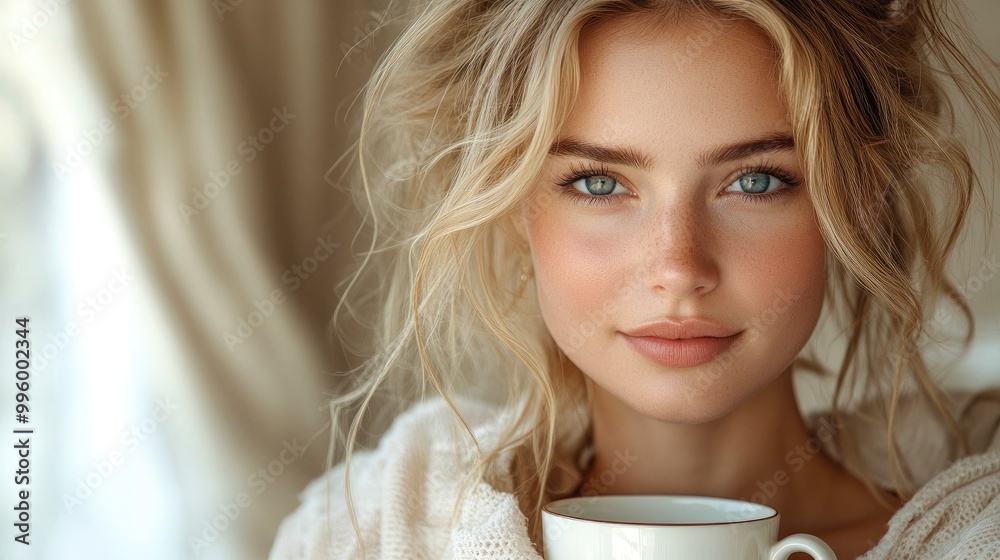 Beautiful Woman with Blue Eyes Enjoying a Cup of Coffee Beautiful Woman with Blue Eyes Enjoying a Cup of Coffee