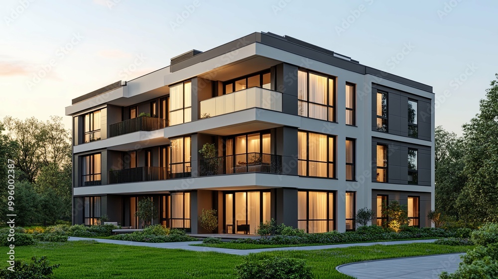 Modern apartment building with balconies and lit windows at dusk