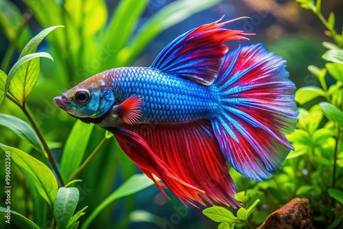 Vibrant blue and red betta fish with striking black gills and flowing fins swims in a decorative aquarium surrounded by lush green plants. photo