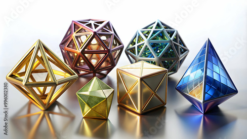 Various isolated Platonic solids including tetrahedron, cube, octahedron, dodecahedron, and icosahedron photo