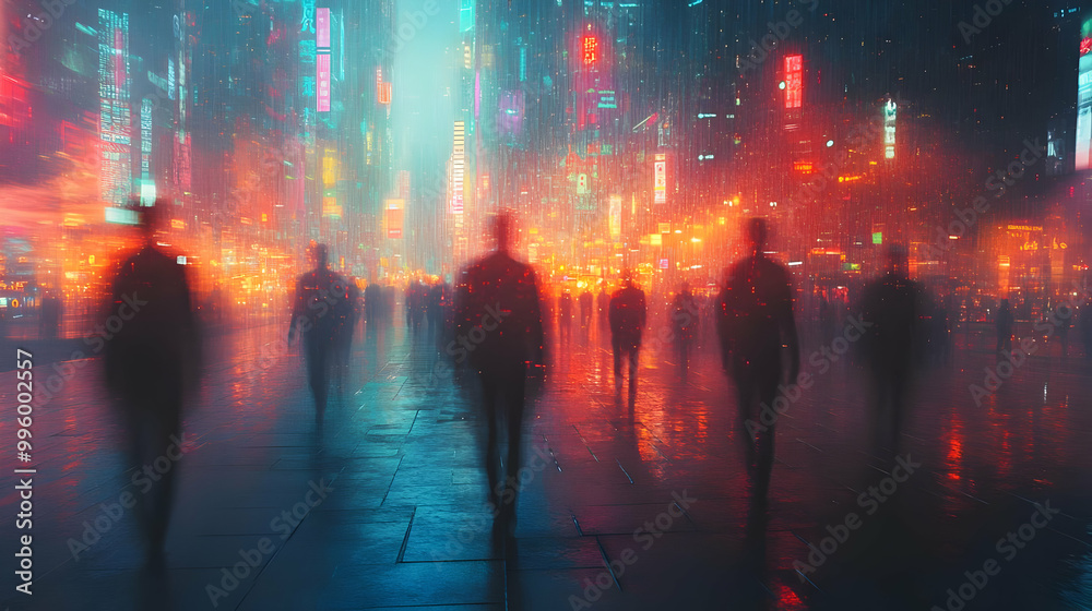Blurry Silhouettes of People Walking in a City with Neon Lights and Rain Blurry Silhouettes of People Walking in a City with Neon Lights and Rain