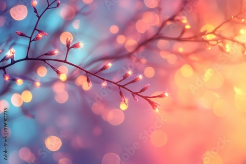 Colorful bokeh lights on a branch with budding flowers, dreamy background.