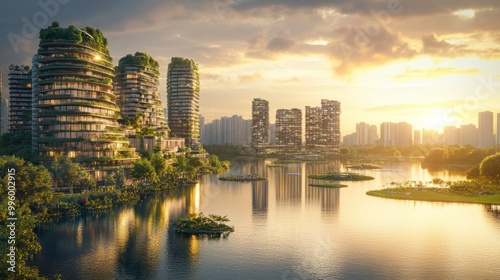 A panoramic view of a sustainable city featuring various eco-friendly structures, including buildings with living walls and glass panels that harness sunlight, alongside a serene lake reflecting the
