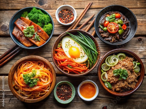 Vibrant colors of traditional Korean dishes, including steaming bowls of bibimbap, spicy kimchi, and savory Japchae noodles, arranged on a rustic wooden table. photo