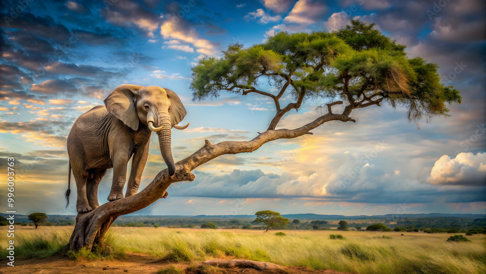 Fototapeta premium Lonely elephant sitting on a tree branch , lonely, elephant, tree, branch, wildlife, alone, solitude, nature, majestic, peaceful