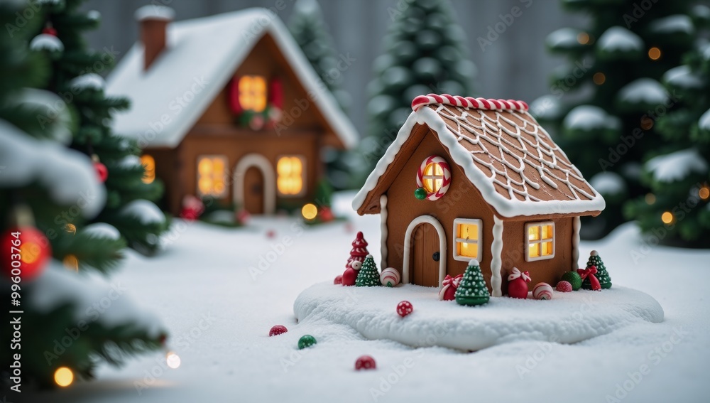 Naklejka premium Christmas-themed gingerbread Santa house amidst a frosted forest complete with candy canes stockings and twinkling lights on a bed of snow