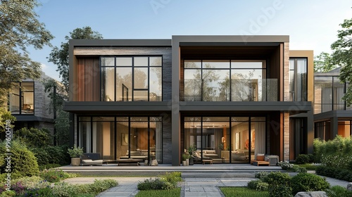 Modern Two-Story House with Large Windows and Patio