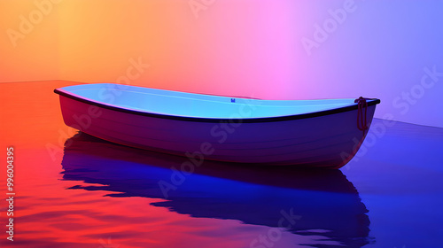 A White Rowboat Floats on Calm Water Under a Vivid Gradient Sky with Red and Purple Hues