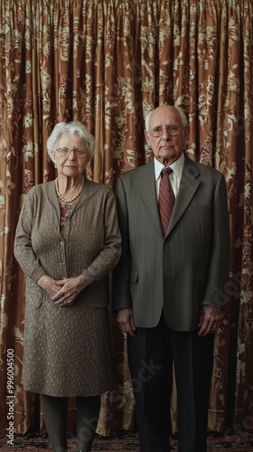 A classic portrait of an elderly couple, standing side by side, their hands clasped, with a backdrop of a simple, elegant curtain photo