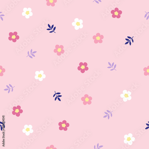 Hand drawn seamless pattern with stylized tiny flowers in pastel colors on pink background