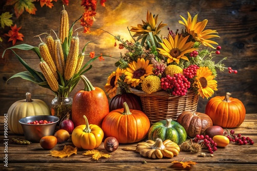 Vibrant illustration of a festive harvest table with leaves, pumpkins, and corn, surrounded by Bible verses and autumn flowers, perfect for Christian Thanksgiving celebrations. photo