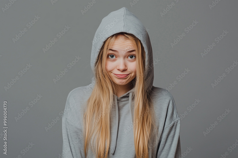 Blonde girl in hoodie with one emotion Blonde girl in hoodie with one emotion