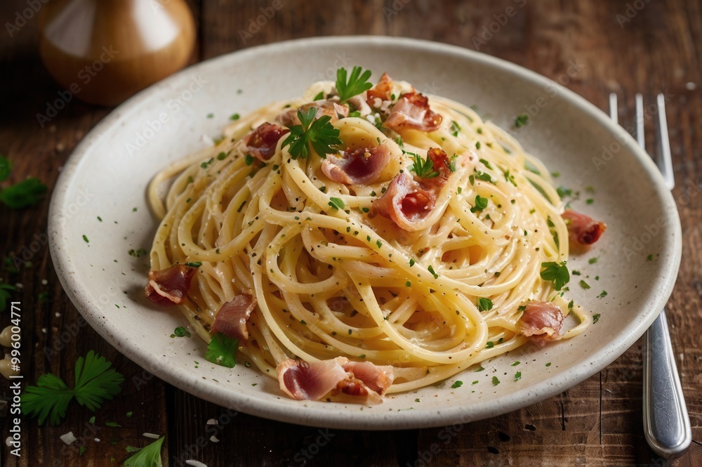a plate of spaghetti carbonara with ham and parsley on it a plate of spaghetti carbonara with ham and parsley on it