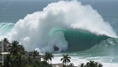 A towering tsunami wave wreaks havoc on a coastal city with palm trees and buildings amidst destruction from Mother Natures mighty force photo