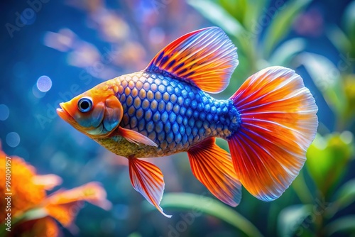 Vibrant orange and blue balloon mali fish shape floats serenely above a blurred aquatic background, with intricate scales and delicate fins adding to its whimsical charm. photo