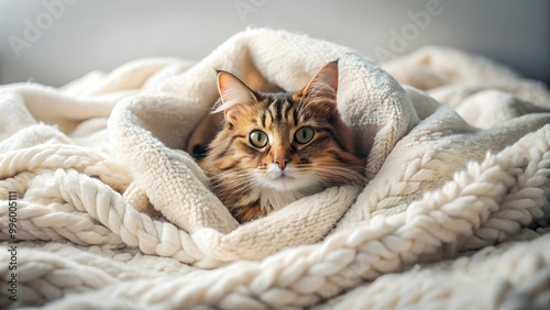 Fototapeta Naklejka Na Ścianę i Meble -  Cat curled up on cozy bed with fluffy blankets, Cat, lying, bed, cozy, blankets, sleep, nap, cute, pet, feline, home