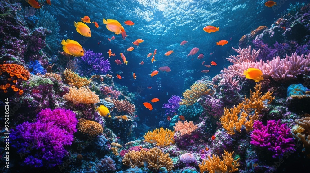 Fototapeta premium Birds-eye view of vibrant coral reefs, glowing with bioluminescent plants, diverse fish swimming freely