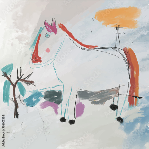 hand drawn doodle horse in forest, vector image