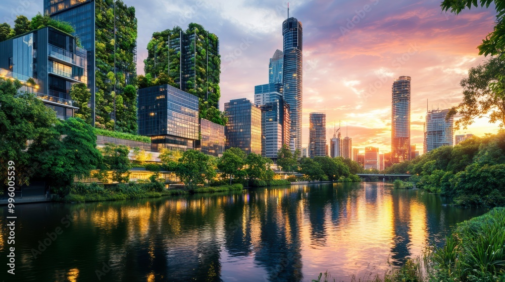 Fototapeta premium A vibrant city skyline featuring modern skyscrapers with green roofs and vertical gardens, complemented by solar panels on rooftops, set against the backdrop of a tranquil river reflecting the city