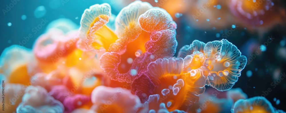 Naklejka premium Close-up shot of a bioluminescent soup, swirling colorful marine life, glowing underwater ambiance, dreamlike presentation