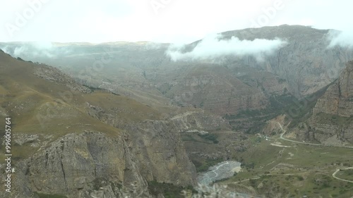 Quba, Azerbaijan The view from a moving car traveling up the Gudiyalchay River valley. photo