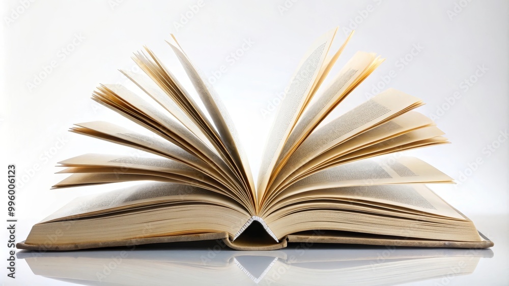 Fototapeta premium Open book with yellowed pages is standing on a table, showing the spread pages