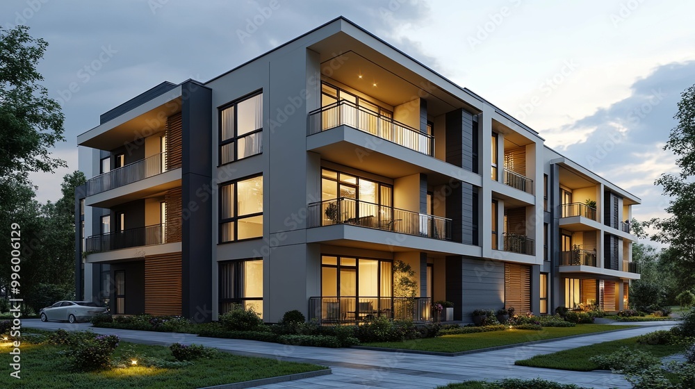 Modern Apartment Building with Balconies and Landscaping at Dusk Modern Apartment Building with Balconies and Landscaping at Dusk