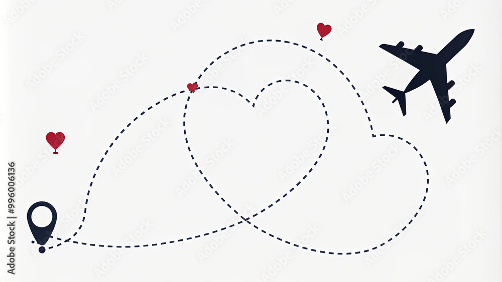 A creative illustration depicts a dotted flight path forming a heart shape, connecting two locations with an airplane and floating hearts, symbolizing love and travel A creative illustration depicts a dotted flight path forming a heart shape, connecting two locations with an airplane and floating hearts, symbolizing love and travel
