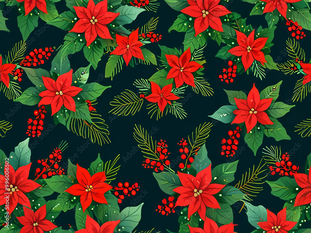 Seamless Christmas pattern consisting of bright red poinsettia flowers, dark green leaves, branches and red berries on a dark green background. Seamless Christmas pattern consisting of bright red poinsettia flowers, dark green leaves, branches and red berries on a dark green background.