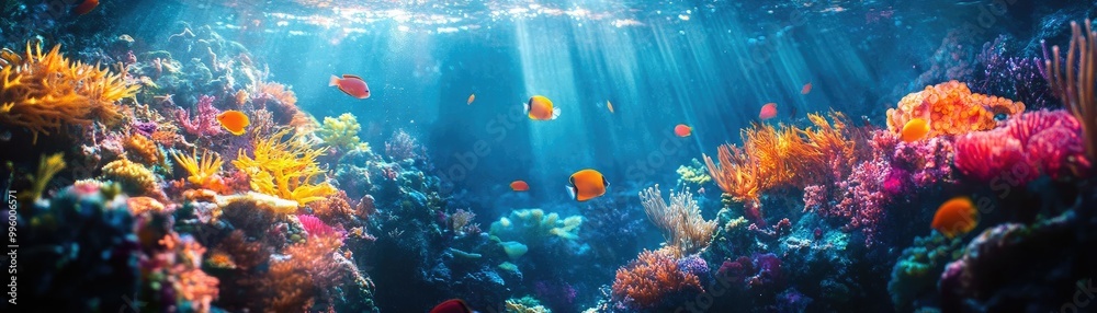 Naklejka premium Close-up shot of an underwater world, vibrant marine life blending with culinary arts, radiant colors dancing through water, surreal atmosphere