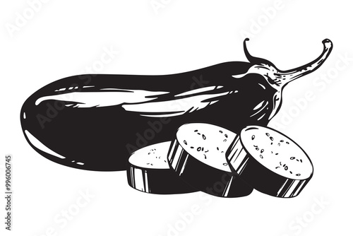 Black ink sketch of eggplant. Hand drawn whole brinjal vegetable and pieces on white background. Vector illustration of aubergine in engraving style. Illustration for label, product packaging.