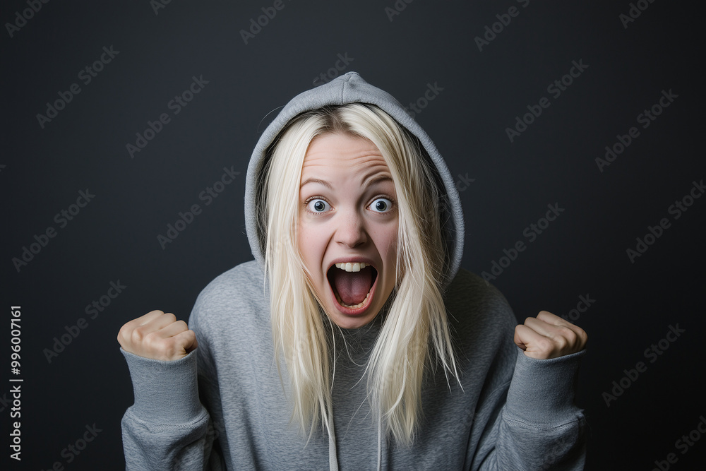 Blonde girl in hoodie with one emotion Blonde girl in hoodie with one emotion