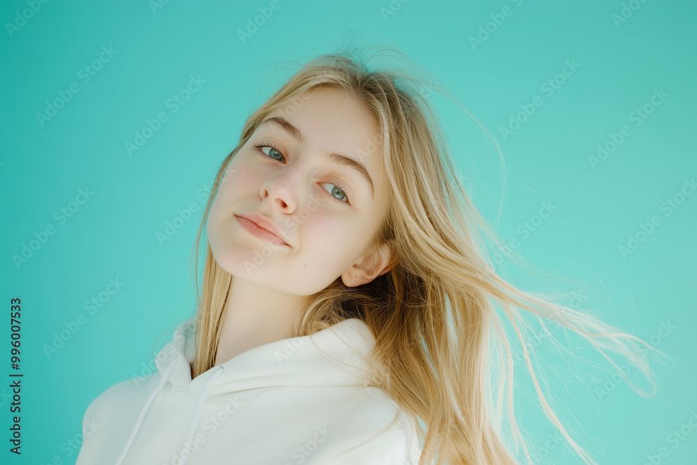 Fototapeta premium Blonde girl in hoodie with one emotion
