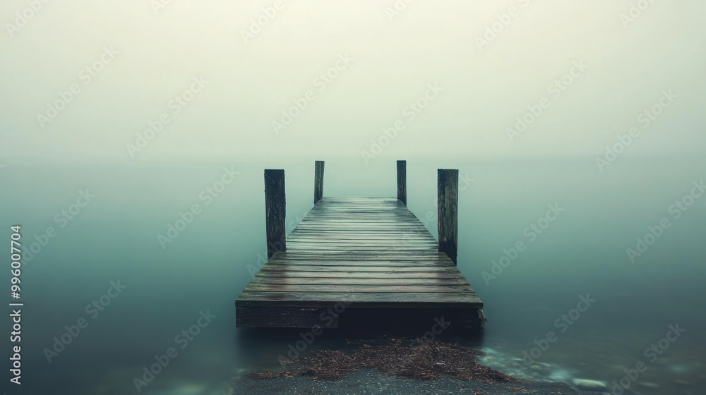 Obraz premium A Wooden Dock Extending into a Foggy Lake