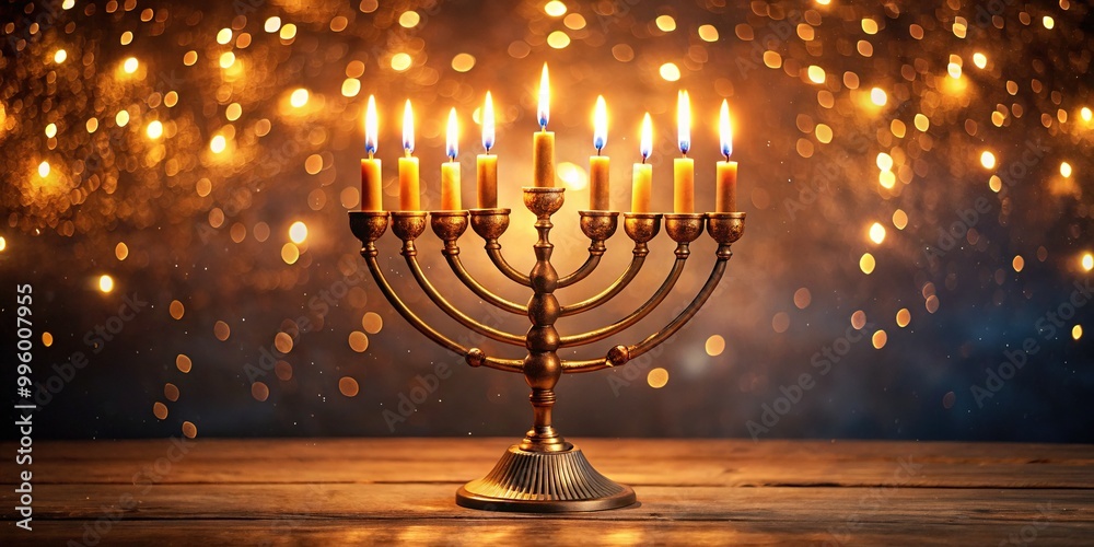 Warm candlelight radiates from the menorah, marking the beginning of Hanukkah's joyous eight-day celebration. Warm candlelight radiates from the menorah, marking the beginning of Hanukkah's joyous eight-day celebration.