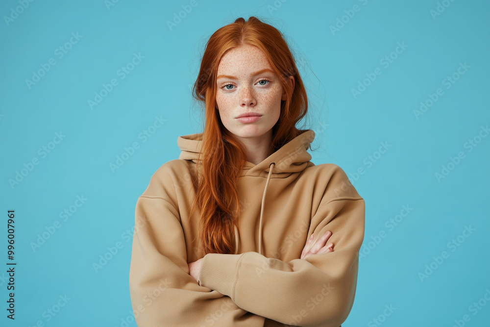 Blonde girl in hoodie with one emotion Blonde girl in hoodie with one emotion