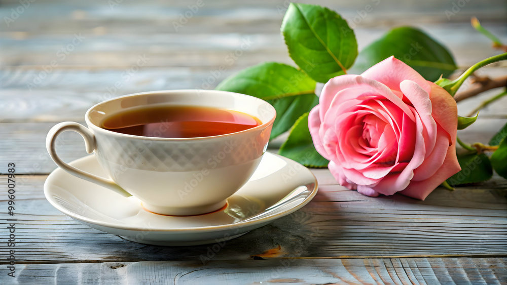 Cup of tea with a beautiful rose , relaxation, beverage, aromatic, hot drink, cozy, floral, tea time, elegant, treat Cup of tea with a beautiful rose , relaxation, beverage, aromatic, hot drink, cozy, floral, tea time, elegant, treat