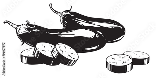 Black ink sketch of eggplant. Hand drawn whole brinjal vegetable and pieces on white background. Vector illustration of aubergine in engraving style. Illustration for label, product packaging.