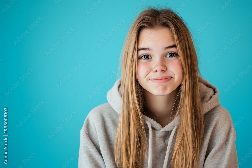 Fototapeta premium Blonde girl in hoodie with one emotion