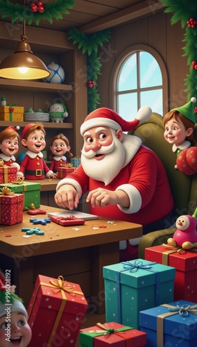 Cartoon design featuring Santas secret workshop backdrop