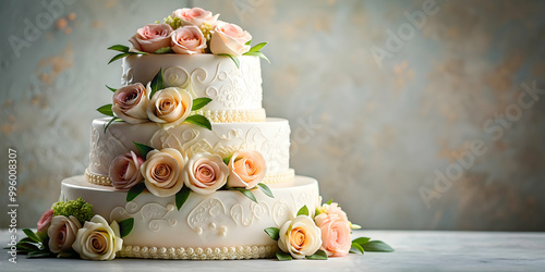 Exquisite wedding cake adorned with roses symbolizing love and happiness , wedding, cake, roses, love, happiness